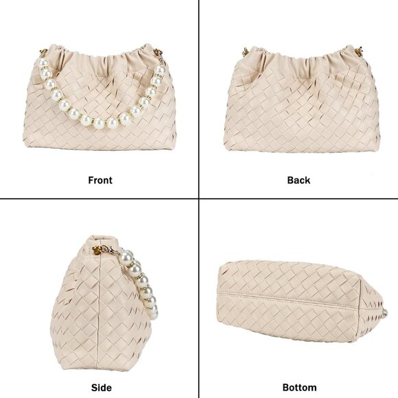 ⚡ Women's Tan Leather Dumpling Pearl Chain Evening Crossbody Clutch Bag - Picture 3 of 7